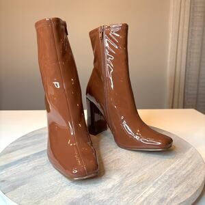 Sam Edelman Brown Patent Leather Ankle Boots Block Heel Zip Women’s US Size 6.5